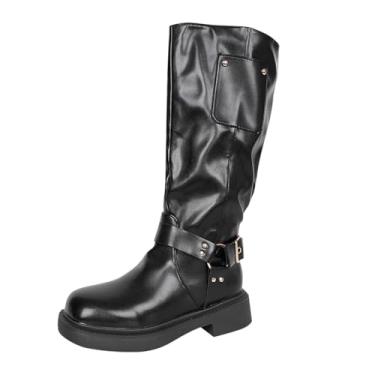 Imagem de Botas femininas casuais de cor sólida com fivela de cinto de metal longo, salto grosso para outono e inverno, Preto, 36