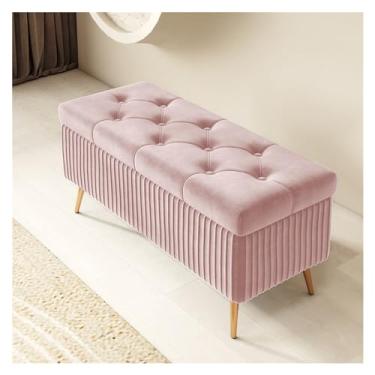 Imagem de KEG801302 Banco de armazenamento moderno - banco de entrada, otomano para quarto, extremidade da cama, banco de veludo moderno para o pé da cama, banco estofado com pernas douradas decorativo (rosa