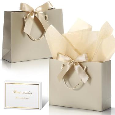 Imagem de DOYIDE Pacote com 50 sacos de presente tamanho médio com fita e cartões de felicitações, papel de seda, 23 x 17,8 x 7,8 cm, bolsa de presente de papel portátil com alças, sacos de agradecimento para