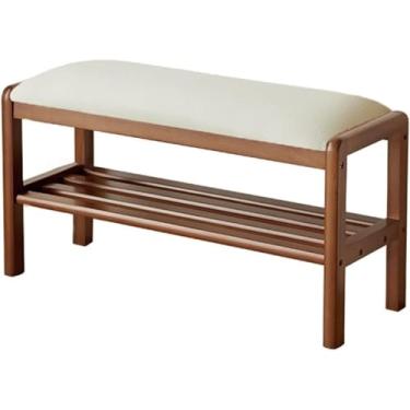 Imagem de Banco de madeira maciça com prateleira de armazenamento, sapateira para porta da frente, organizador de sapatos pequeno para entrada, sala de estar, corredor (80 cm, branco)