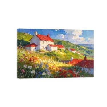 Imagem de Impressão em tela de arte de parede de paisagem - flores da montanha da aldeia - quadros de pintura de decoração para sala de estar pronta para pendurar tela emoldurada 30x45cm12x18in