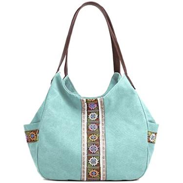 Imagem de Worldlyda Bolsa feminina de lona Hobo com vários bolsos, bolsa de ombro para compras, casual, alça superior com bordado étnico, Upgraded Mint Green