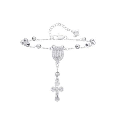 Imagem de Pulseira de rosário com crucifixo católico banhado a ouro 14K para mulheres, pingente de cruz de Virgem Maria e Jesus, presente religioso delicado da Virgem de Guadalupe para confirmação de batismo