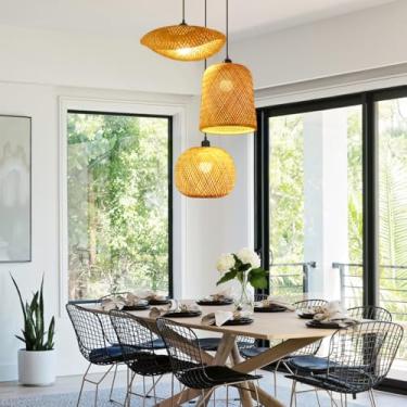 Imagem de Luminária pendente de bambu estilo retrô boho com cúpula de vime, lustre de teto para sala de estar, luminária suspensa de bambu para quarto, decoração de fazenda, restaurante, café, bar e s