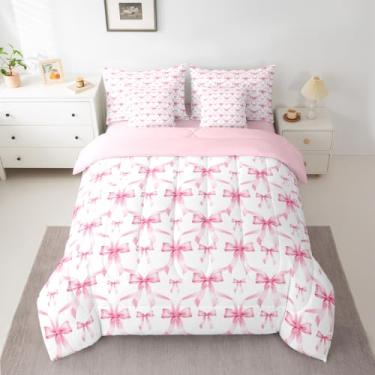 Imagem de Feelyou Conjunto de edredom com laço rosa, 7 peças, solteiro, fofo, com laço, para crianças, adolescentes, meninas, decoração de quarto, microfibra leve e macia