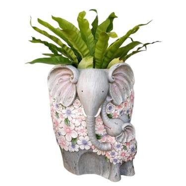 Imagem de YXCQHZM Ornamento decorativo de elefante para pátio, vaso de flores, plantas, vasos de flores, estátua de decoração de jardim para decoração de casa (cinza)