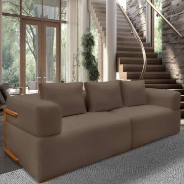 Imagem de Sofá 4 Lugares 3,00m Em Tecido Veludo Com Aplique Em Madeira – Scott Lucadi Marrom