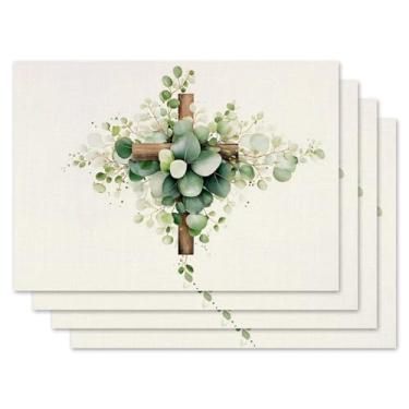 Imagem de Jauageon Jogo americano de Páscoa, conjunto com 4 tapetes de mesa He is Risen Jesus Cross Eucalipto para ambientes internos e externos, casa, festa, cozinha, jantar, decoração, fazenda, serapilheira