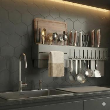 Imagem de Suporte Escorredor e Organizador de Parede para Utensílios de Cozinha com 10 Ganchos, 3 Porta Talheres, 6 Porta Facas,Cinza, Aço Inoxidável