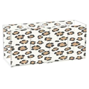 Imagem de CEBUGI Porta-lápis de acrílico transparente com 4 compartimentos, organizador de pincéis de maquiagem com estampa de leopardo, para armazenamento em mesa de escritório em casa
