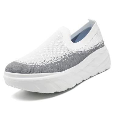 Imagem de VXGGVX Tênis feminino plataforma grossa tênis corrida caminhada malha leve respirável academia conforto trabalho esportes escondido sapatos elevador, Branco, cinza, 6.5 Wide