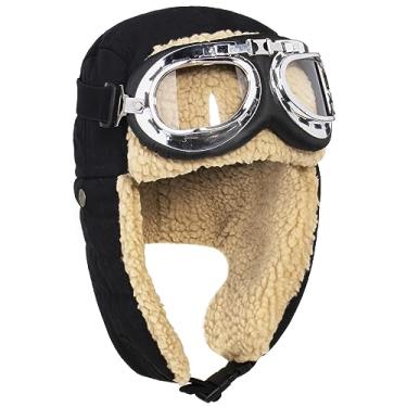 Imagem de Peicees Chapéu de aviador com óculos para adultos e crianças, fantasia de Amelia Earhart, chapéu de piloto, vintage, masculino e feminino, chapéu caçador de inverno, Chapéu preto + armação