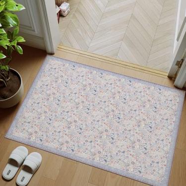 Imagem de Clemile Tapete floral 5 x 7 cm - Tapete de cozinha vintage lavável com suporte antiderrapante - Tapete macio de pelo baixo para entrada, quarto, cozinha, banheiro roxo