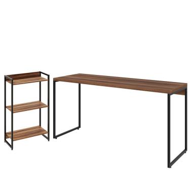 Imagem de Kit Escritório Estante Areta 3 Prateleiras com Mesa Industrial Aspen 150cm C01 Nogal - Lyam Decor