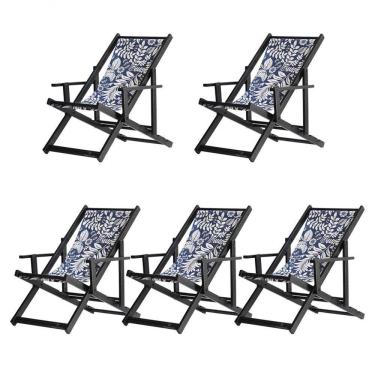 Imagem de Kit 5 Espreguiçadeiras Dobrável Black Cb-folhas Brancas