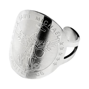 Imagem de Anel Religioso São Miguel Protetor Em Aço Inoxidável Dourado E Pratead