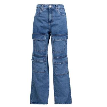 Imagem de Calça Jeans Feminina Sawary Wide Leg Cargo Duplo Azul, Azul, 40