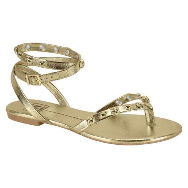 Imagem de Sandália Rasteira Feminina Moleca Tira Tornozelo Dedo Tachas, Dourado,