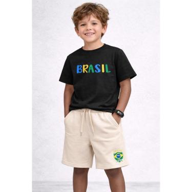 Imagem de Conjunto Infantil Brasil Kit Camiseta Short Moletinho Torcedor Copa Relogio Digital-Masculino