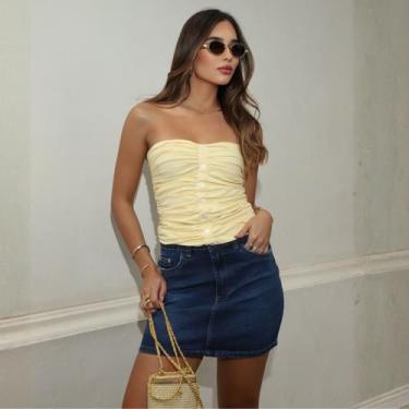 Imagem de Blusa sem alça Franzida Feminino Revanche Bursau, G, Amarelo manteiga