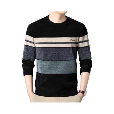 Imagem de Suéteres Masculinos De Chenille Listrado Tricotado Com Gola Redonda Mo