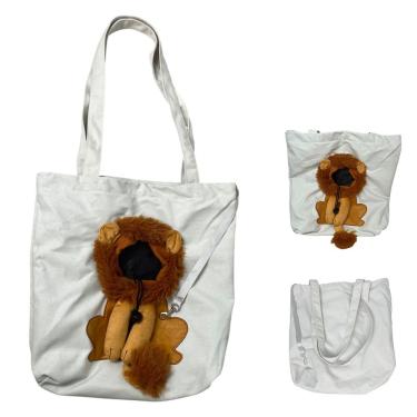 Imagem de Bolsa de Transporte para Pets Estampa Leão com Janela de Ventilação Náilon Branco 34x33CM