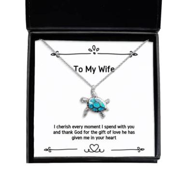Imagem de SpreadPassion Presentes úteis para esposa, I Cherish Every Moment I Spend With You and Thank God for The, Joke Valentine's Day Opal Turtle Necklace from Wife