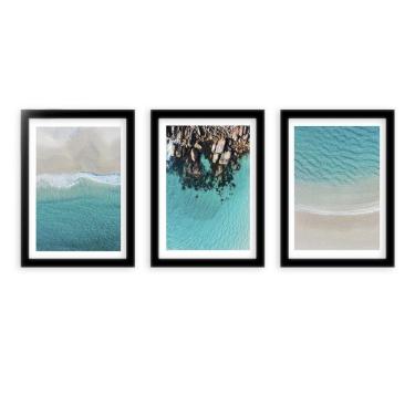 Imagem de Kit 3 Quadros Decorativos Moldura Preta Mar Azul Pedras