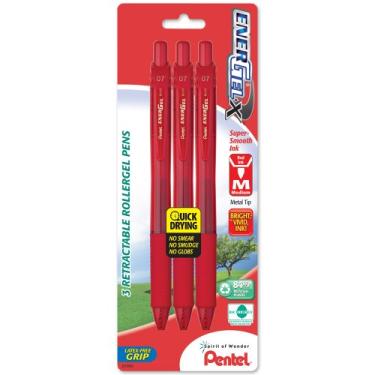 Imagem de Pentel, Caneta de gel líquido retrátil EnerGel-X, 0,7 mm, linha média, ponta de metal, tinta vermelha, pacote com 3