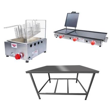Imagem de Kit Lanchonete Mesa de Manipulação 100x55cm + Fritadeira a Gás 1 Cuba + Chapa a Gás 90cm Alcamar