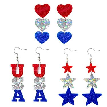 Imagem de Brincos patrióticos pendentes com glitter, vermelho, branco, azul, estrela dos EUA, coração, bandeira americana, joia de acrílico para mulheres, meninas, 4, 4 de julho, independência,