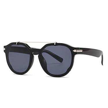 Imagem de Óculos de sol redondos de feixe duplo vintage para mulheres moda preto branco gradiente óculos de sol masculinos garra condução óculos gafas, preto cinza, tamanho único