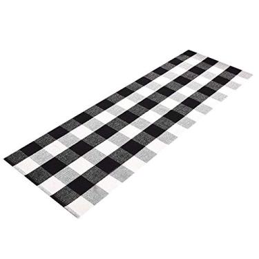 Imagem de Levinis Tapete de cozinha Buffalo Check Tapetes de corredor preto e branco para sala de estar/quarto, tapete de cozinha xadrez tecido à mão em algodão Gingham Runner, 180,8 cm x 23,6 cm