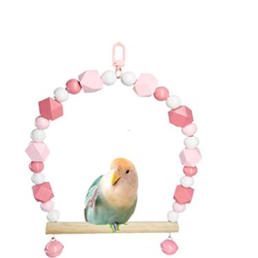 Imagem de Poleiro de balanço de pássaro de madeira para periquito (haste de madeira crua grande, rosa)