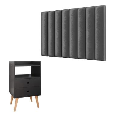 Imagem de Kit Cabeceira Estofada Cama Box Solteiro 90 cm Sophia Cinza e Mesinha Canto Quarto 2 Gavetas Retrô Nicho Decorativo Dream Preto - RPM