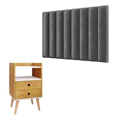 Imagem de Kit Cabeceira Estofada Cama Box Solteiro 90 cm Sophia Cinza e Mesinha Canto Quarto 2 Gavetas Retrô Nicho Decorativo Dream Nature/Off White- RPM