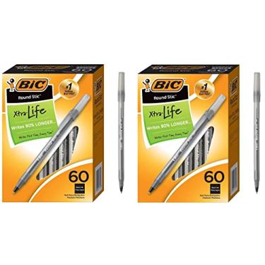 Imagem de BIC Canetas esferográficas redondas Stic Xtra Life, ponta média (1,0 mm), preta, pacote com 60 unidades, barril redondo flexível para escrever conforto (GSM609-BLK) – Pacote com 2