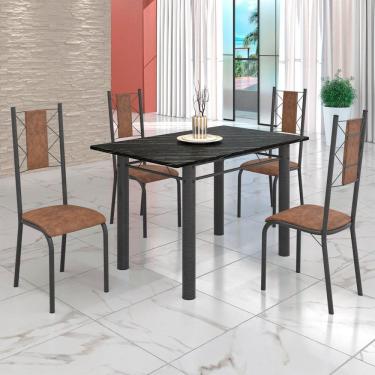 Imagem de Conjunto Sala de Jantar Bahia Mesa Tubo 120x75cm Tampo Pedra Ardósia Indiana com 4 Cadeiras Marrom/Prata