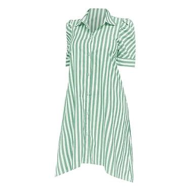 Imagem de Vestido feminino casual listrado estampado manga curta manga curta vestido feminino listrado vestido camisa manga curta, Verde, M