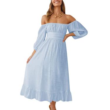 Imagem de Vestido manga bufante, sem costas, cintura alta, ombro, decote quadrado, elegante para casamento e viagem para mulheres M
