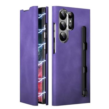 Imagem de PuRoxx Capa com suporte para Samsung Galaxy S24 Ultra/S24 Plus/S24, capa flip magnética forte de couro confortável de luxo com compartimento para cartão e suporte para caneta S, roxa, S24