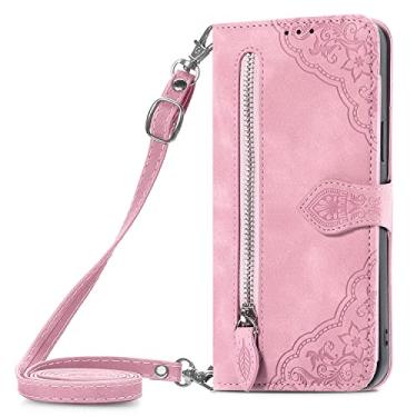 Imagem de Hee Hee Smile Capa de telefone para HTC U23 Pro com cordão longo capa de couro com zíper carteira com zíper capa flip capa de telefone alça de pulso rosa
