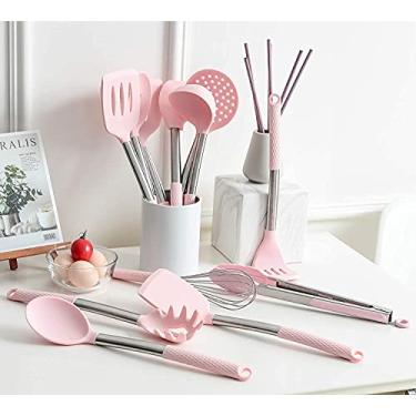 Imagem de Conjunto de utensílios de cozinha Rorence, utensílios de cozinha para mistura de assar: 12 peças de utensílios de cozinha antiaderentes e resistentes ao calor de silicone e cabos de aço inoxidável (suporte de utensílios não incluído) – Rosa