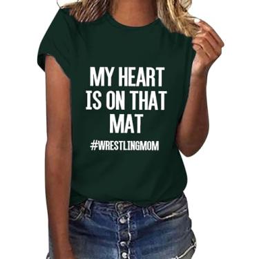 Imagem de Camiseta feminina My Heart is on That mat wrestlingmom 2024 verão casual macia com frase blusa leve, Verde, M