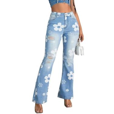 Imagem de BEAUDRM Calça jeans feminina com estampa floral rasgada cintura alta perna rodada calça jeans, Lavagem leve, P