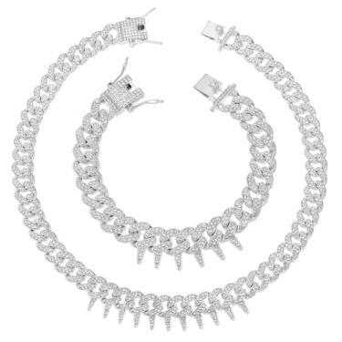 Imagem de HH BLING EMPIRE Conjunto masculino de colar e pulseira de elos cubanos, banhado a ouro, prata, diamante, Miami cubano, corrente de elos cubanos, joias hip hop, 24", Zinco, diamante falso
