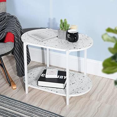 Imagem de Mesa lateral branca 61 cm, mesa de cabeceira oval de 2 camadas, mesa pequena de mármore moderna, mesa de café e chá para sala de estar, varanda interna, branca, 59,9 cm C x 38 cm L x 48 cm A