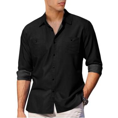 Imagem de Runcati Camisa masculina casual de botão, manga comprida, caimento justo, cambraia com bolsos, Preto, G
