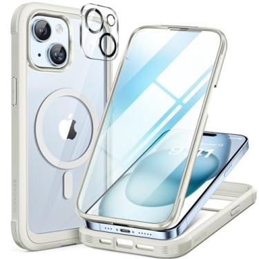 Imagem de Miracase Capa magnética para iPhone 15 Plus de 6,7 polegadas [compatível com Magsafe] Capa de telefone militar à prova de queda 15 Plus de corpo inteiro com protetor de tela de vidro temperado 9H integrado, branco