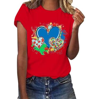 Imagem de Camiseta feminina de verão, estampa de amor, manga curta, gola redonda, caimento solto, roupas básicas de treino, Vermelho, XXG
